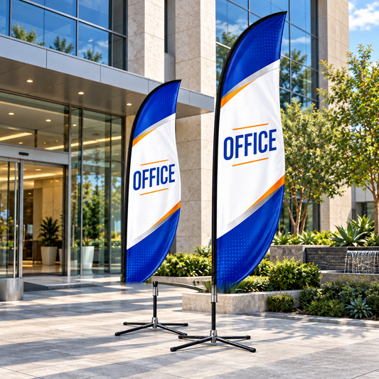 Illustrative corporate offices custom blade-flag mockup; final artwork and configuration are confirmed before production.