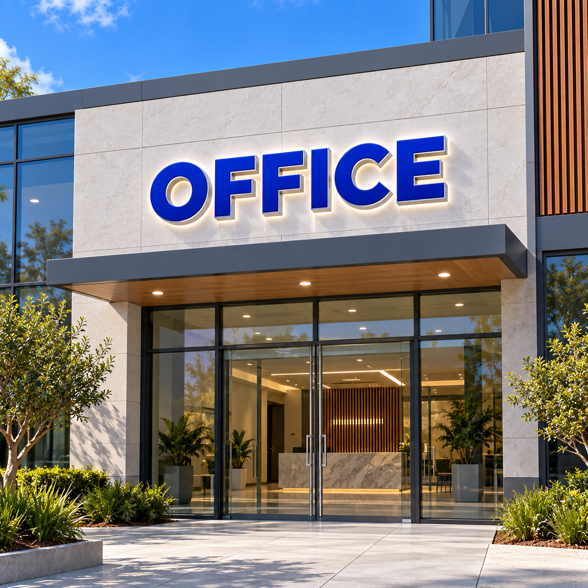 Illustrative corporate offices custom storefront channel-letter sign mockup; final artwork and configuration are confirmed before production.