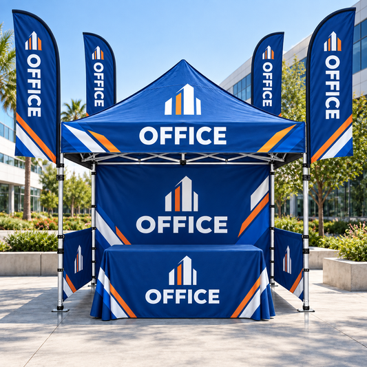 Illustrative corporate offices custom 10x10 tent and flag package mockup; final artwork and configuration are confirmed before production.