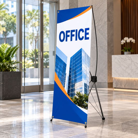 Illustrative corporate offices custom X-stand banner mockup; final artwork and configuration are confirmed before production.