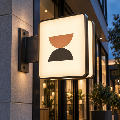 Custom double-sided illuminated LED blade sign with acrylic faces mounted on a modern storefront.