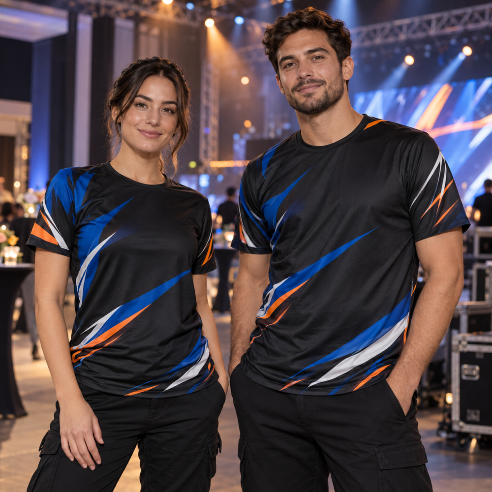 Event venue crew wearing coordinated full-color custom short-sleeve staff shirts