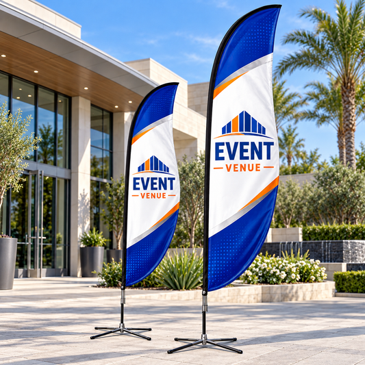 Illustrative events venues custom blade-flag mockup; final artwork and configuration are confirmed before production.