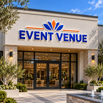 Illustrative events venues custom storefront channel-letter sign mockup; final artwork and configuration are confirmed before production.