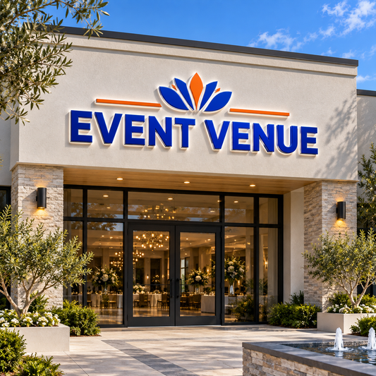 Illustrative events venues custom storefront channel-letter sign mockup; final artwork and configuration are confirmed before production.