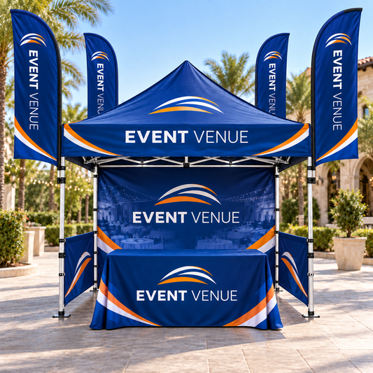 Illustrative events venues custom 10x10 tent and flag package mockup; final artwork and configuration are confirmed before production.