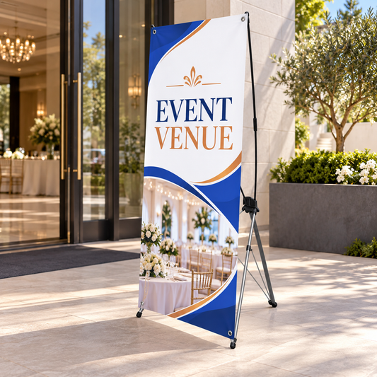 Illustrative events venues custom X-stand banner mockup; final artwork and configuration are confirmed before production.