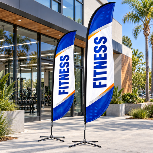 Illustrative fitness gyms custom blade-flag mockup; final artwork and configuration are confirmed before production.