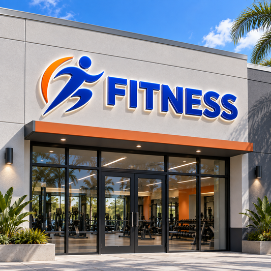 Illustrative fitness gyms custom storefront channel-letter sign mockup; final artwork and configuration are confirmed before production.