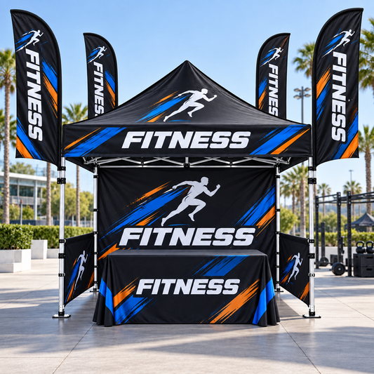 Illustrative fitness gyms custom 10x10 tent and flag package mockup; final artwork and configuration are confirmed before production.