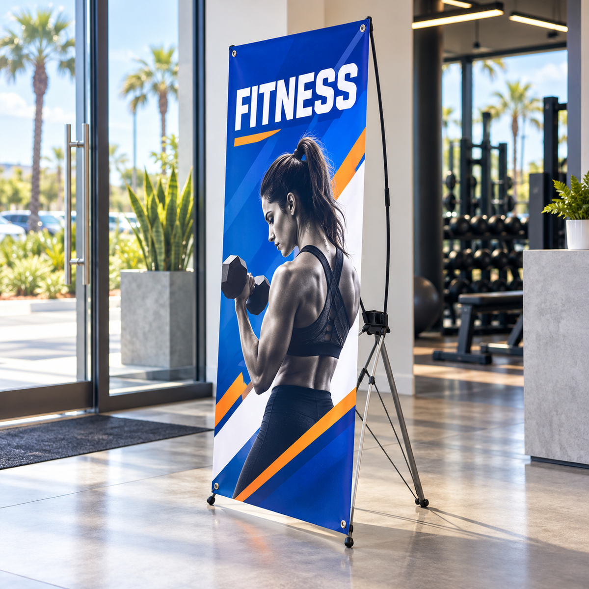 Illustrative fitness gyms custom X-stand banner mockup; final artwork and configuration are confirmed before production.