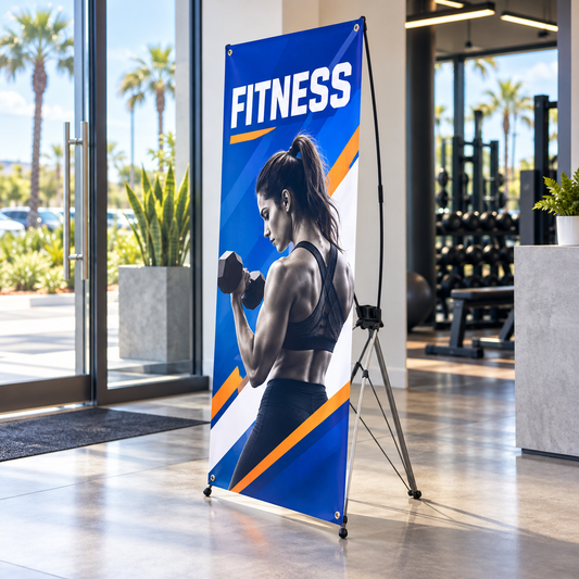 Illustrative fitness gyms custom X-stand banner mockup; final artwork and configuration are confirmed before production.