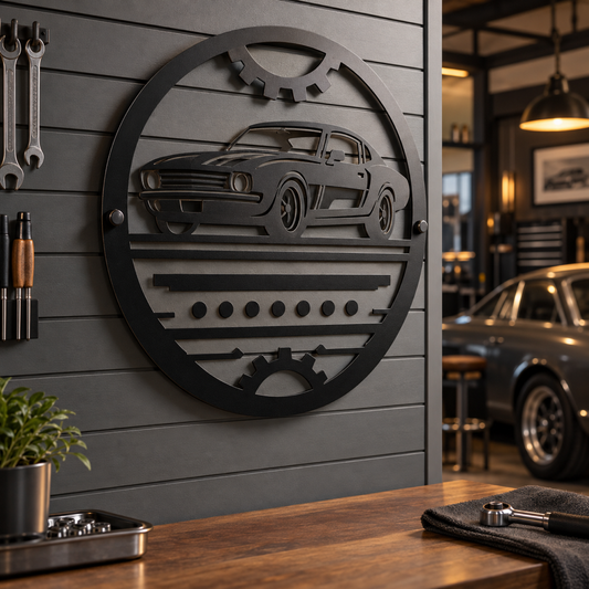 Personalized Garage Metal Art Sign shown in a styled use setting