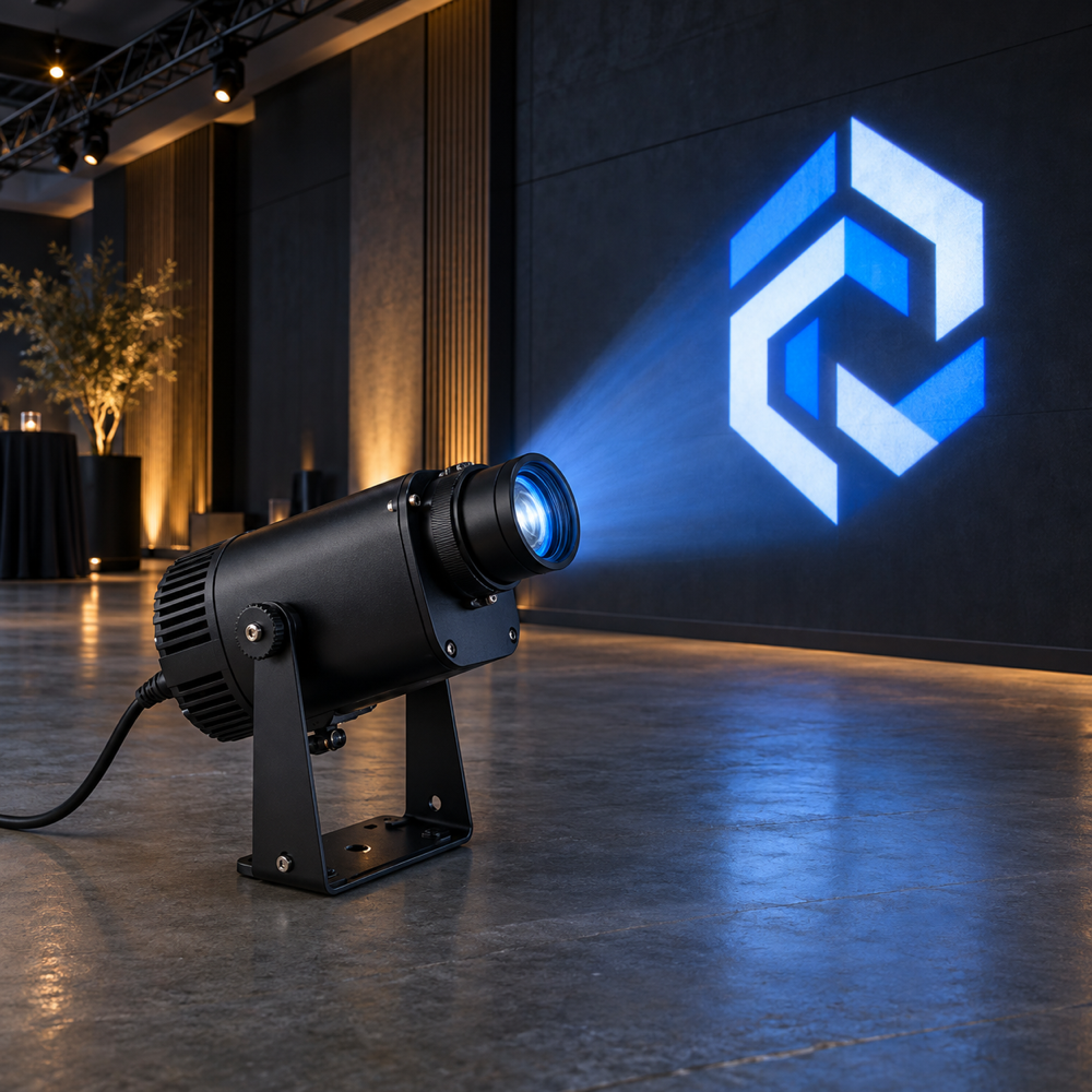Commercial logo gobo projector on an adjustable bracket projecting a geometric emblem in a premium event venue