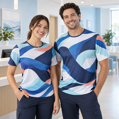 Healthcare support team wearing coordinated full-color custom short-sleeve shirts