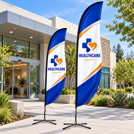 Illustrative healthcare custom blade-flag mockup; final artwork and configuration are confirmed before production.