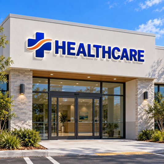 Illustrative healthcare custom storefront channel-letter sign mockup; final artwork and configuration are confirmed before production.