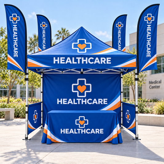 Illustrative healthcare custom 10x10 tent and flag package mockup; final artwork and configuration are confirmed before production.