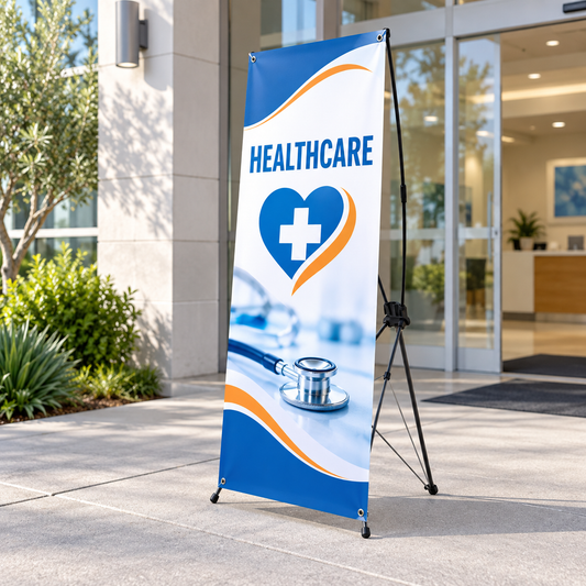 Illustrative healthcare custom X-stand banner mockup; final artwork and configuration are confirmed before production.
