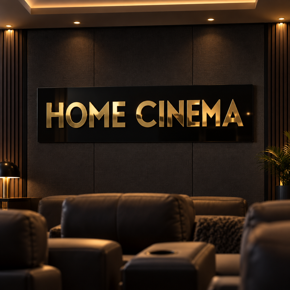 Cartel mural acrílico sin iluminación, negro y dorado espejado, con texto genérico de cine en casa