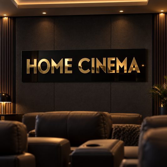 Unlit black and mirror-gold acrylic wall sign with generic home cinema wording in a screening room