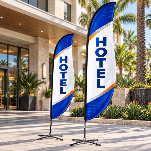 Illustrative hotels custom blade-flag mockup; final artwork and configuration are confirmed before production.