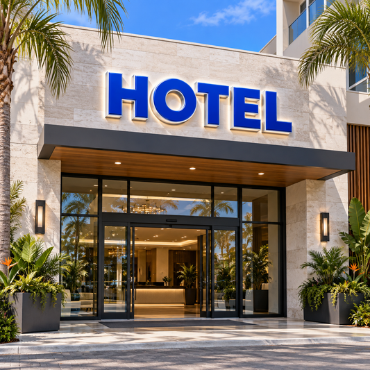 Illustrative hotels custom storefront channel-letter sign mockup; final artwork and configuration are confirmed before production.