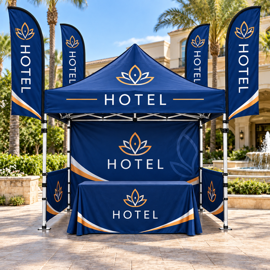 Illustrative hotels custom 10x10 tent and flag package mockup; final artwork and configuration are confirmed before production.