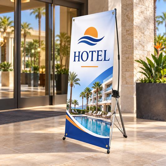 Illustrative hotels custom X-stand banner mockup; final artwork and configuration are confirmed before production.