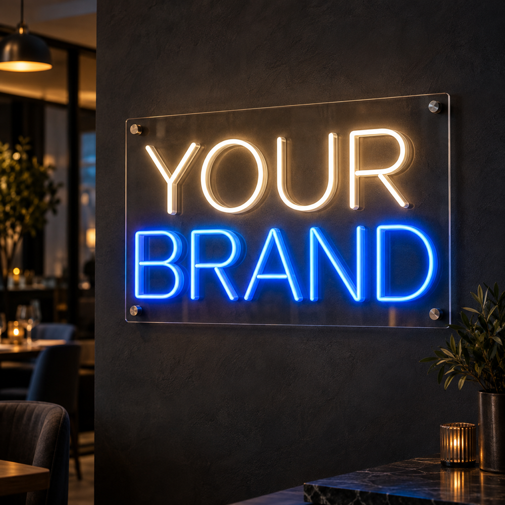 Custom LED neon-style business sign reading Your Brand on a clear acrylic backboard.