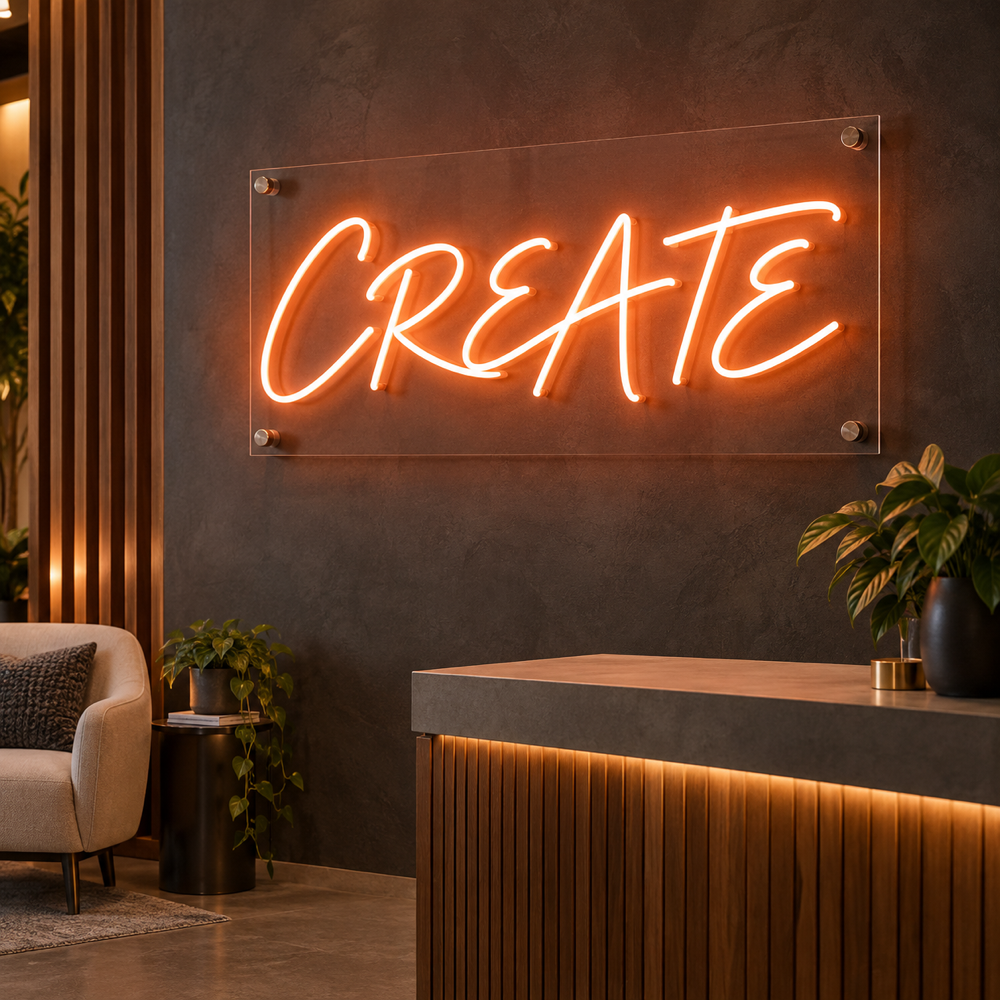 Custom orange LED neon text sign reading CREATE on a clear acrylic panel in a modern reception interior.