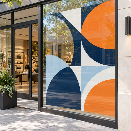 Abstract custom window graphic installed on a modern retail storefront