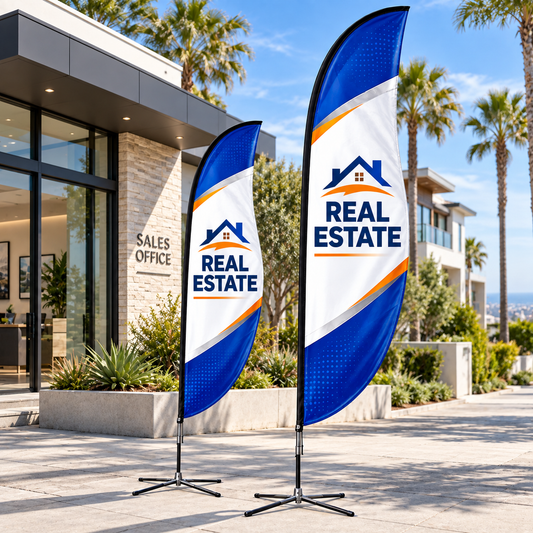 Illustrative real estate custom blade-flag mockup; final artwork and configuration are confirmed before production.