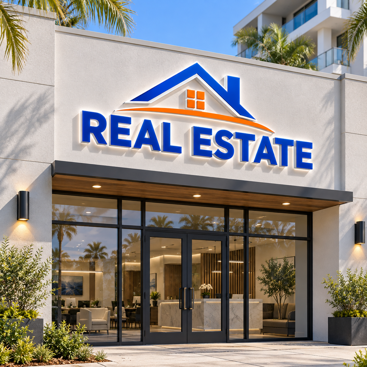 Illustrative real estate custom storefront channel-letter sign mockup; final artwork and configuration are confirmed before production.