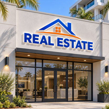 Illustrative real estate custom storefront channel-letter sign mockup; final artwork and configuration are confirmed before production.