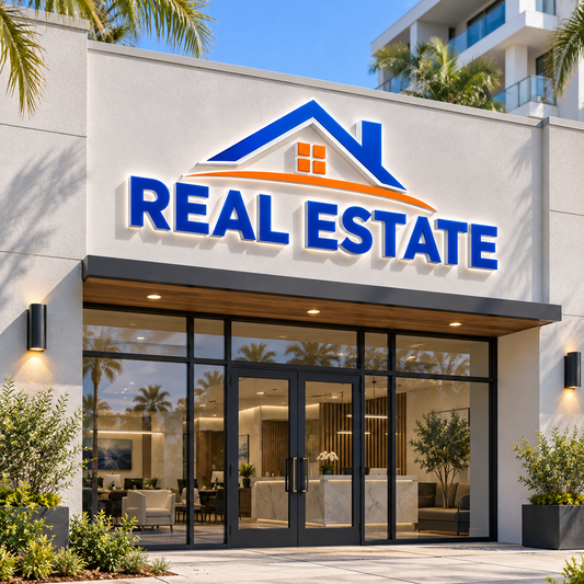 Illustrative real estate custom storefront channel-letter sign mockup; final artwork and configuration are confirmed before production.
