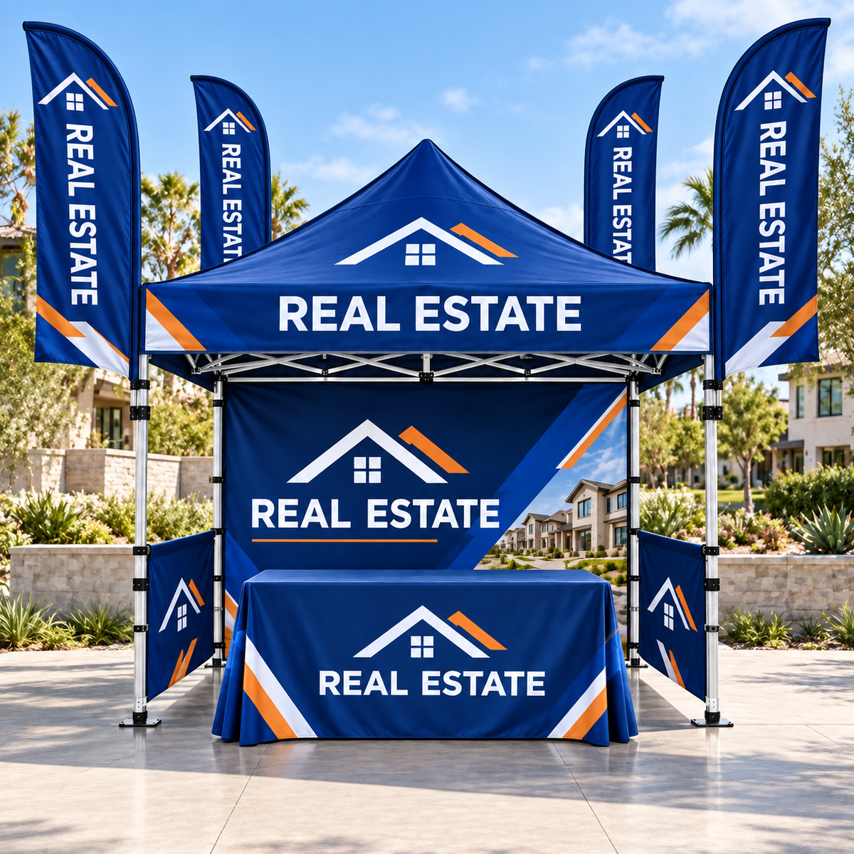 Illustrative real estate custom 10x10 tent and flag package mockup; final artwork and configuration are confirmed before production.