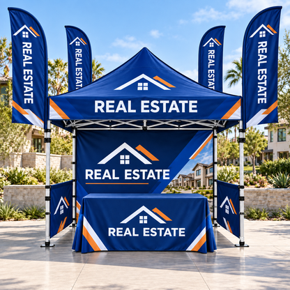 Illustrative real estate custom 10x10 tent and flag package mockup; final artwork and configuration are confirmed before production.