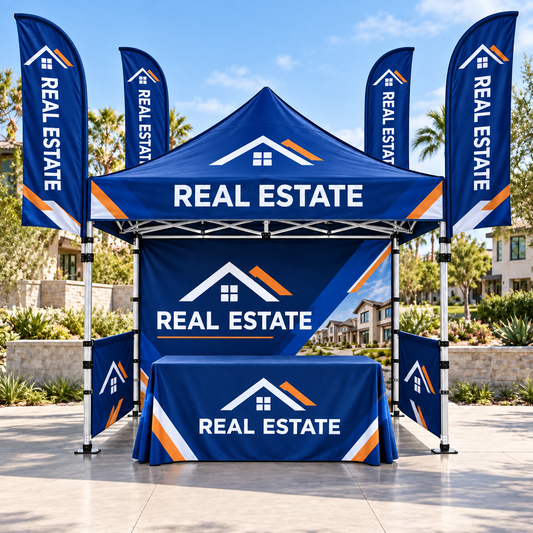 Illustrative real estate custom 10x10 tent and flag package mockup; final artwork and configuration are confirmed before production.