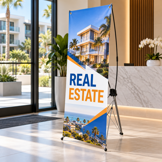 Illustrative real estate custom X-stand banner mockup; final artwork and configuration are confirmed before production.