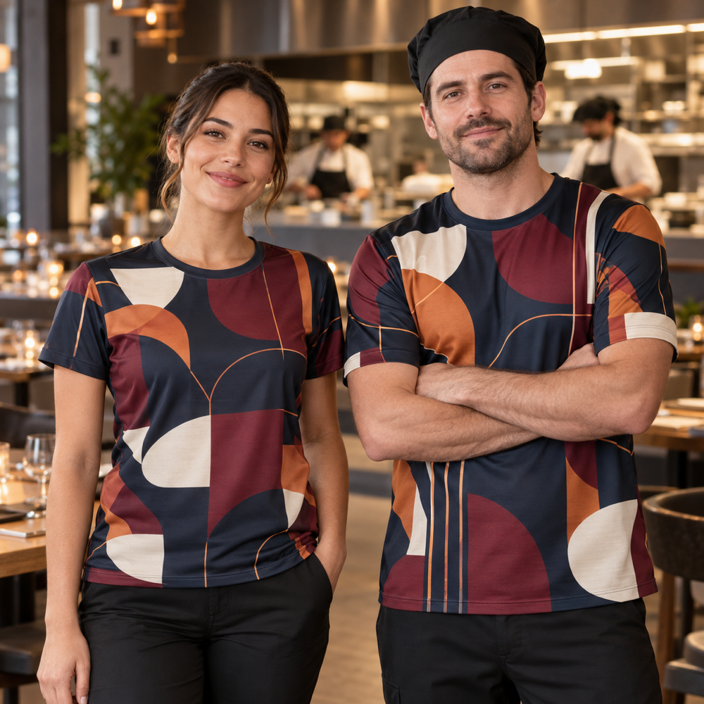 Restaurant team wearing coordinated full-color custom short-sleeve staff shirts