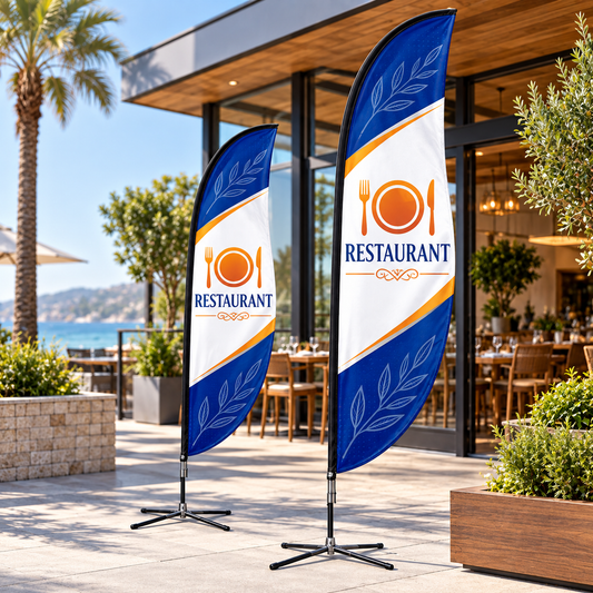 Illustrative restaurants custom blade-flag mockup; final artwork and configuration are confirmed before production.