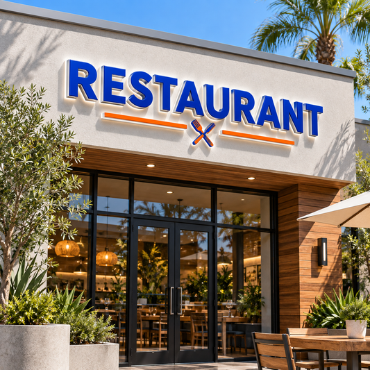 Illustrative restaurants custom storefront channel-letter sign mockup; final artwork and configuration are confirmed before production.