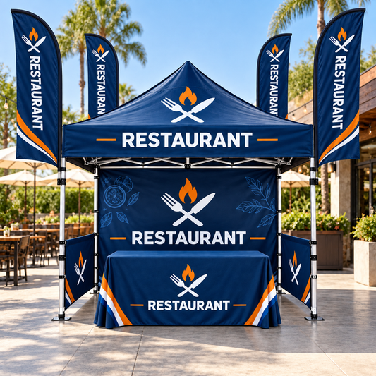 Illustrative restaurants custom 10x10 tent and flag package mockup; final artwork and configuration are confirmed before production.