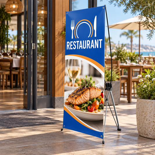 Illustrative restaurants custom X-stand banner mockup; final artwork and configuration are confirmed before production.