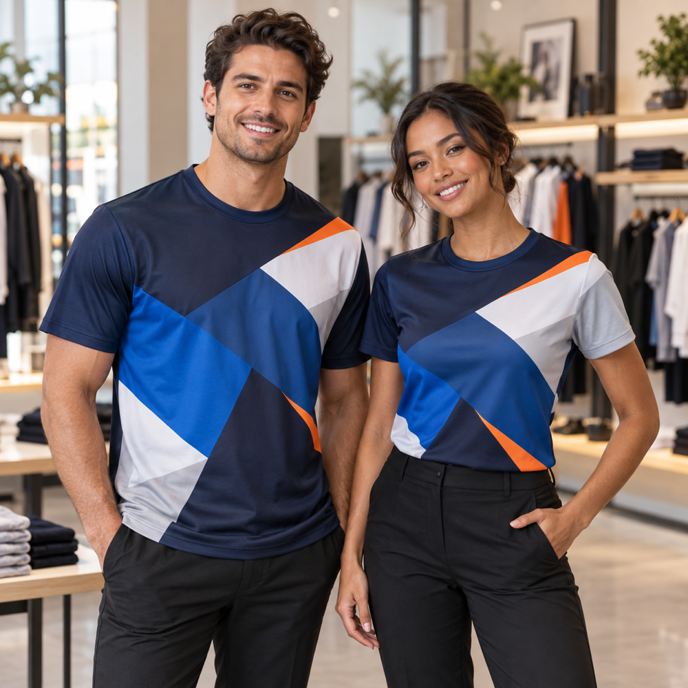 Retail team wearing coordinated full-color custom short-sleeve staff shirts in a boutique