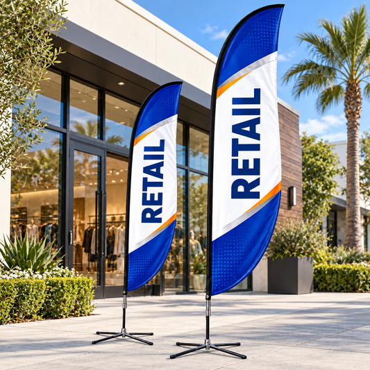 Illustrative retail custom blade-flag mockup; final artwork and configuration are confirmed before production.