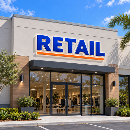 Illustrative retail custom storefront channel-letter sign mockup; final artwork and configuration are confirmed before production.