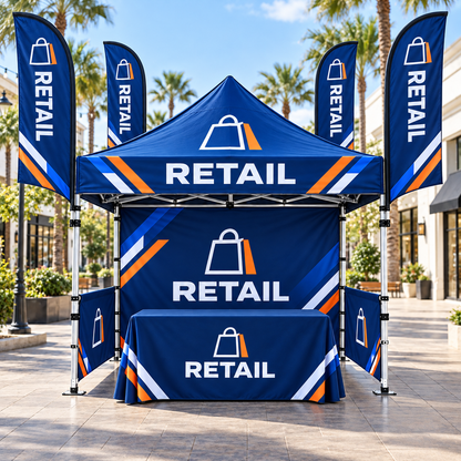 Illustrative retail custom 10x10 tent and flag package mockup; final artwork and configuration are confirmed before production.
