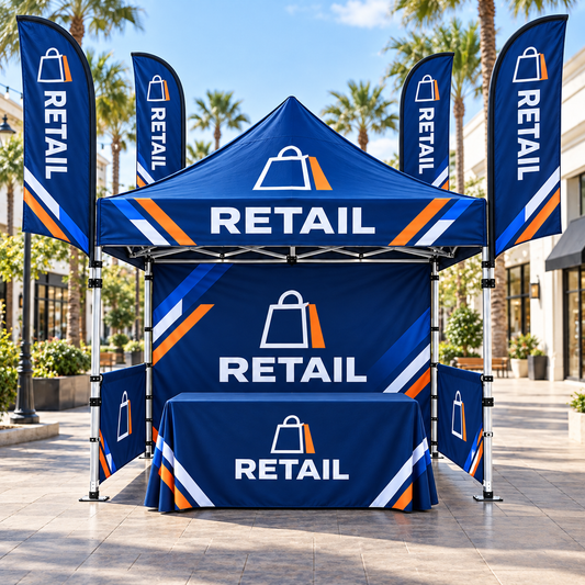 Illustrative retail custom 10x10 tent and flag package mockup; final artwork and configuration are confirmed before production.